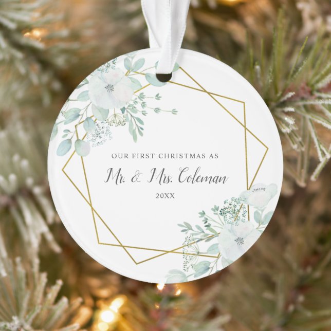 Floral Greenery Gold Geometric Our First Christmas Ornament (Tree)