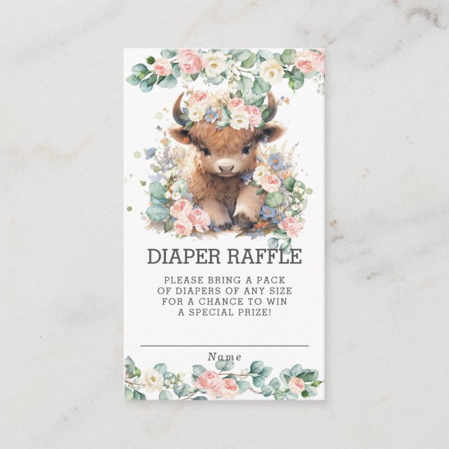 Floral Greenery Highland Cow Baby Diaper Raffle Enclosure Card (Front)