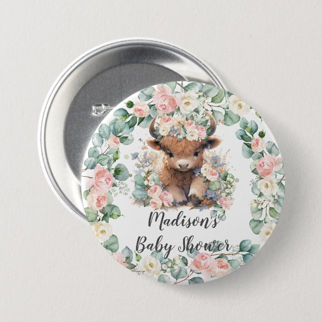 Floral Greenery Highland Cow Baby Shower Birthday 3 Inch Round Button (Front & Back)