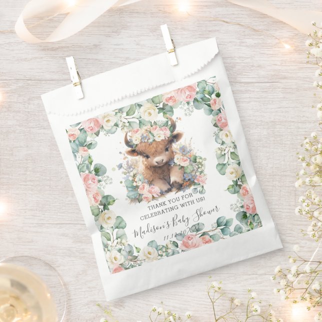 Floral Greenery Highland Cow Baby Shower Birthday Favour Bag (Clipped)