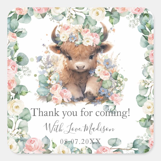 Floral Greenery Highland Cow Baby Shower Birthday Square Sticker (Front)