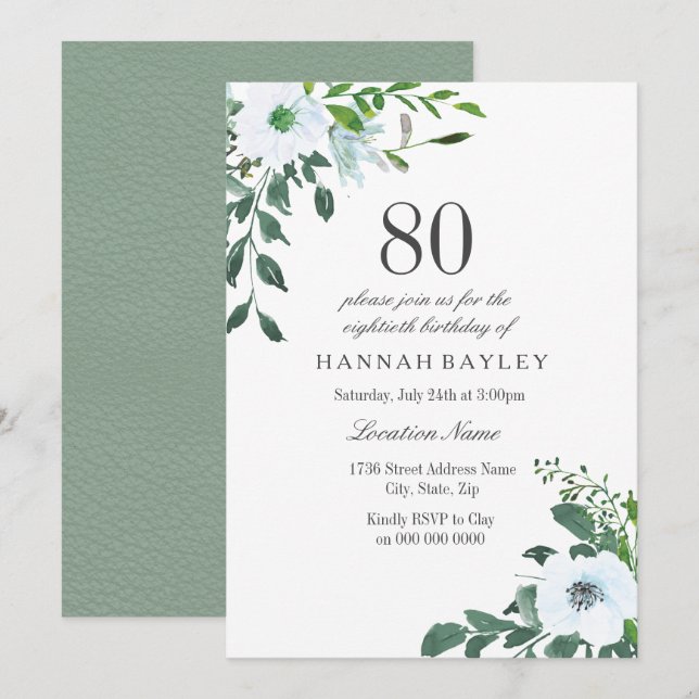Floral Greenery Invitation fête d'anniversaire 80e (Devant / Derrière)