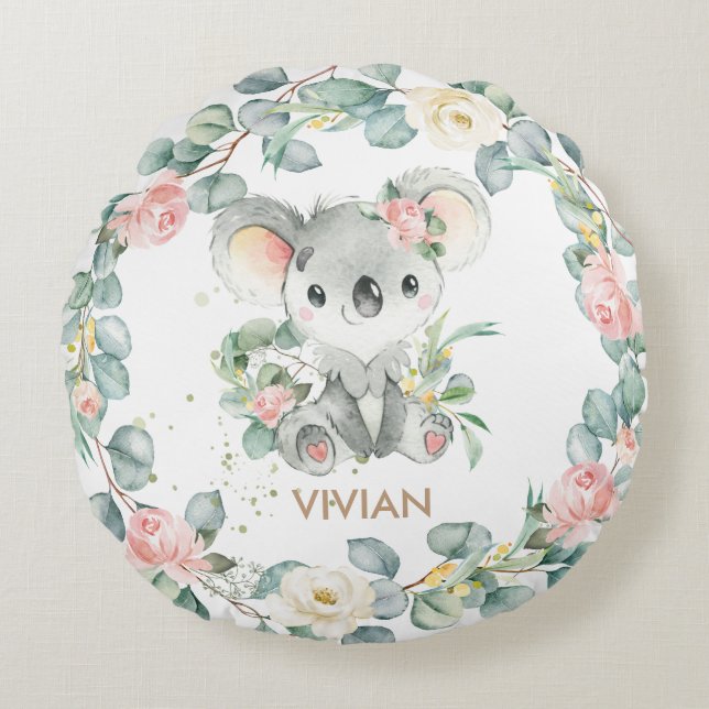 Floral Greenery Koala Girl Nursery Bedroom Decor Round Pillow (Front)