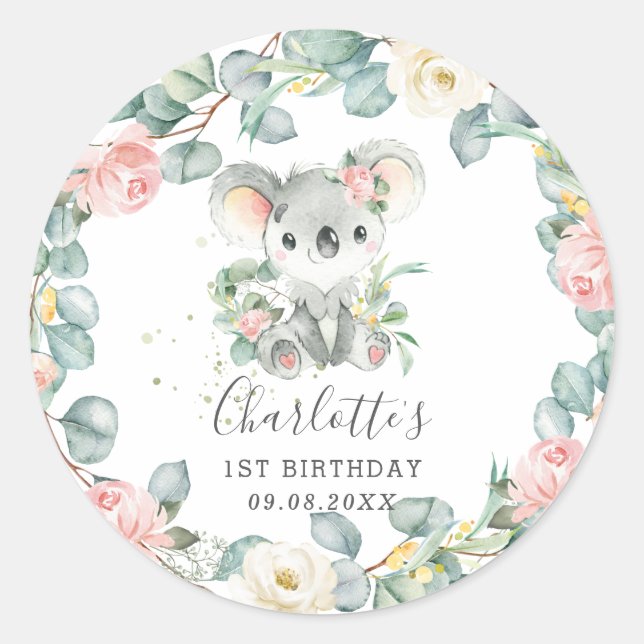 Floral Greenery Koala Girl Shower Birthday Favour Classic Round Sticker (Front)