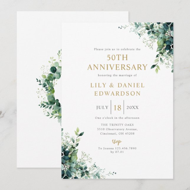 Floral Greenery Monogram 50th Wedding Anniversary Invitation (Front/Back)