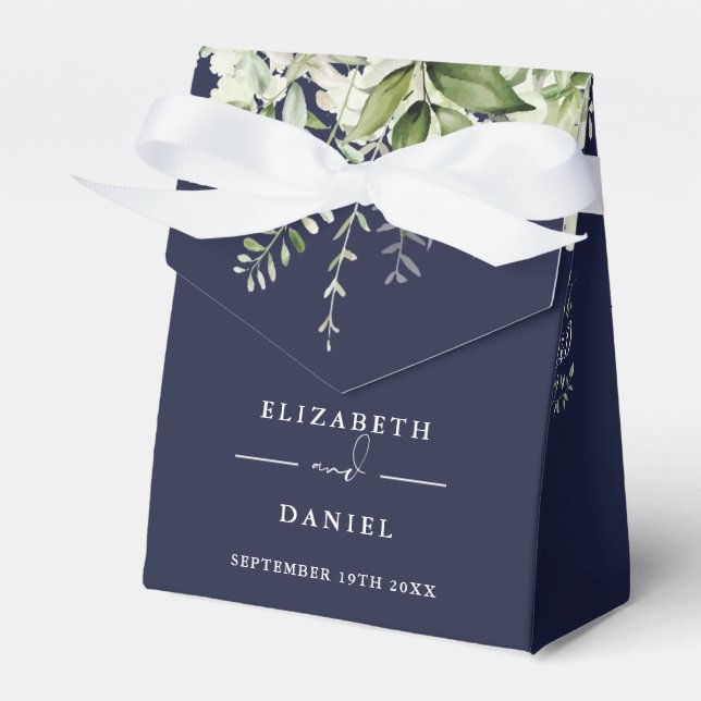 Floral Greenery Monogram Navy Blue Wedding Favor Box (Front Side)