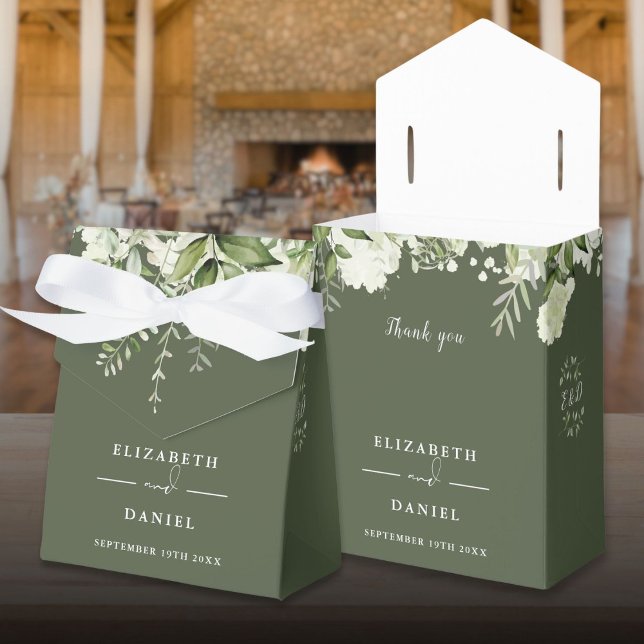 Floral Greenery Monogram Olive Green Wedding Favor Box (Floral Greenery Monogram Olive Green Wedding Favor Boxes)
