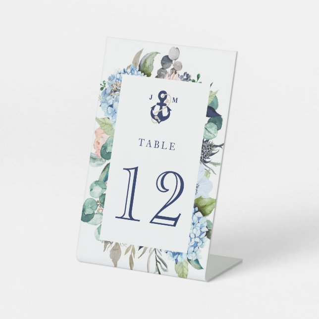 Floral Greenery Navy Anchor Monogram Wedding Pedestal Sign (Front)