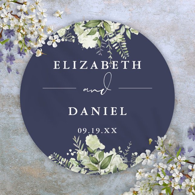Floral Greenery Navy Blue Wedding Favour Classic Round Sticker (Floral Greenery Navy Blue Wedding Favor Classic Round Sticker)