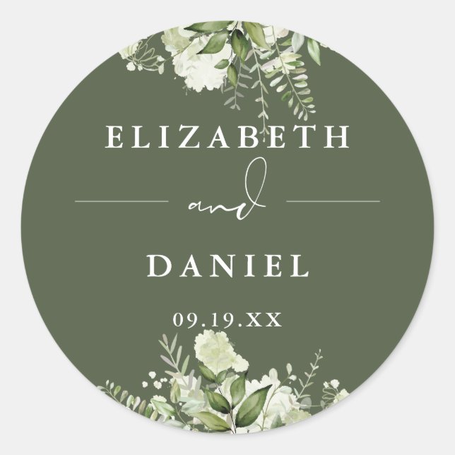 Floral Greenery Olive Green Wedding Favour Classic Round Sticker (Front)