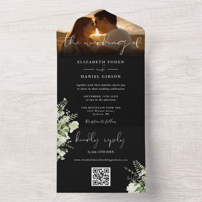 Floral Greenery QR Code Script Wedding Photo All In One Invitation (Inside)