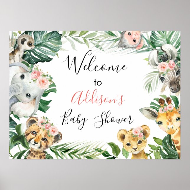 Floral Greenery Safari Baby Shower Welcome Sign (Front)