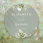 Floral Greenery Sage Green Wedding Favour Classic Round Sticker<br><div class="desc">Elegant sage green floral greenery sticker personalized with your names and special date. Designed by Thisisnotme©</div>