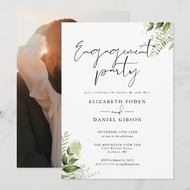 Floral Greenery Script Photo Engagement Party Invitation (Front/Back)
