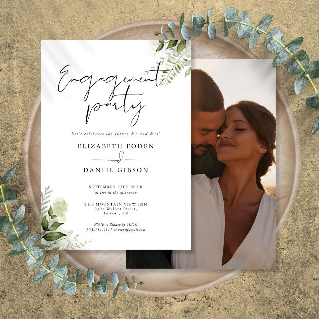 Floral Greenery Script Photo Engagement Party Invitation (Floral Greenery Script Photo Engagement Party Invitation)