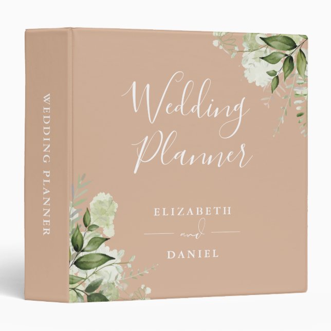 Floral Greenery Tan Wedding Planner Binder (Front/Spine)