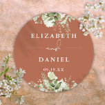 Floral Greenery Terracotta Wedding Favour Classic Round Sticker<br><div class="desc">Elegant terracotta floral greenery sticker personalized with your names and special date. Designed by Thisisnotme©</div>