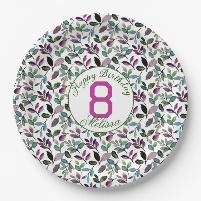 Floral Greenery Watercolor Pattern Birthday Name Paper Plate (Front)