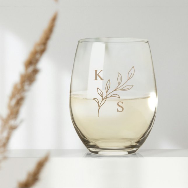 Floral Greenery Wedding Monogram Minimalist Stemless Wine Glass (Creator Uploaded)