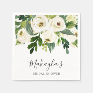 Floral Greenery White Roses Elegant Bridal Shower Napkin