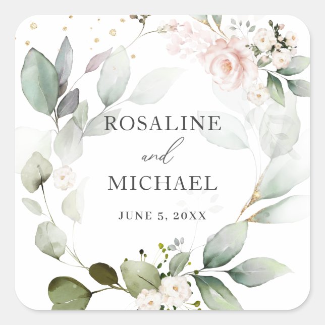 Floral Greenery Wreath Wedding  Square Sticker (Front)