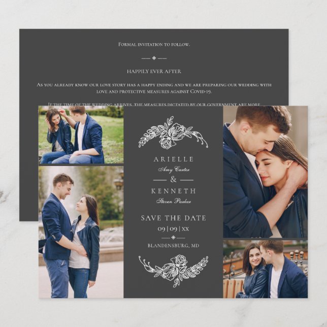 Floral Grey 4  Photos Minimalist Collage Wedding (Front/Back)
