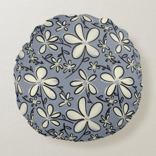 Floral Grey and Cream flower pattern Round Pillow