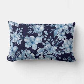 Floral grey blue watercolor pattern on navy blue lumbar pillow