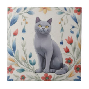 Floral Grey Cats - Grey Cat Colourful Folk Flowers Tile