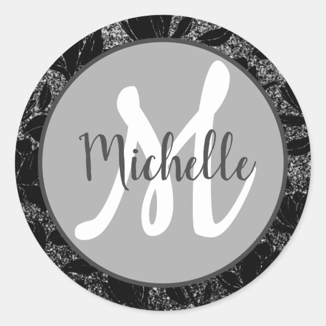 Floral Grey Elegant Monogrammed First Name Sticker (Front)