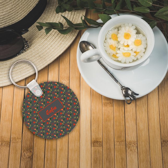 Floral grey pattern wildflowers name Keychain (Creator Uploaded)