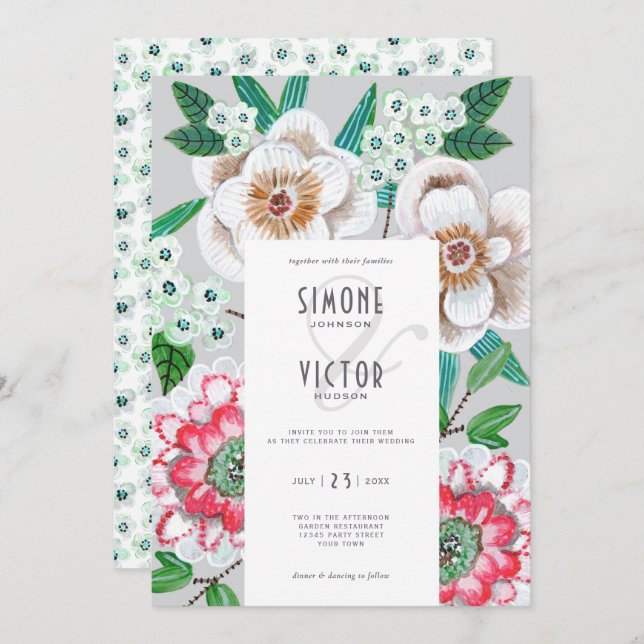 Floral grey pink modern painted flowers wedding invitation (Front/Back)