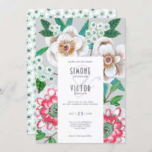 Floral grey pink modern painted flowers wedding invitation