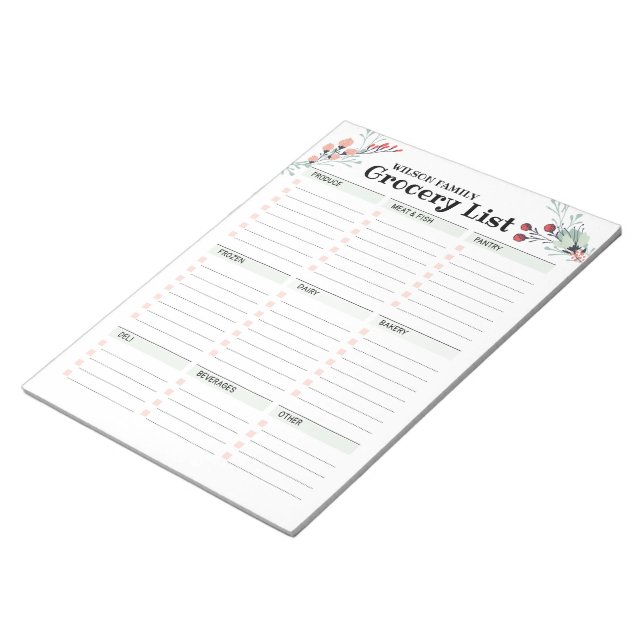 Floral Grocery List with Categories Notepad (Angled)
