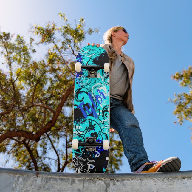 Floral Grunge in Black and Blue Dd Brand Skateboard (Outdoor 1)