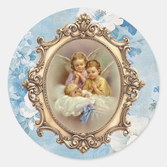 Floral Guardian Angels Baby Religious  Classic Round Sticker (Front)