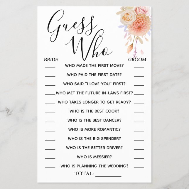 Floral Guess Who Bridal shower game card (Front)