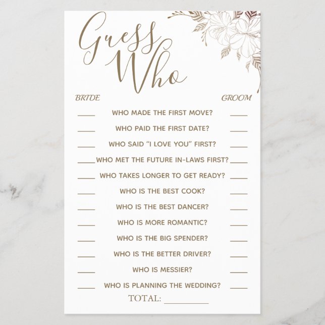 Floral Guess Who Bridal shower game card Flyer (Front)