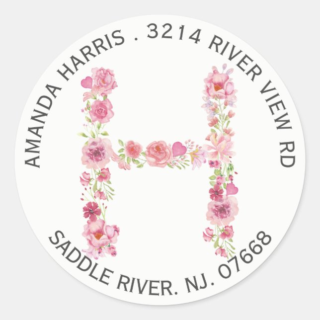 Floral H Initial Monogram Return Address Sticker (Front)
