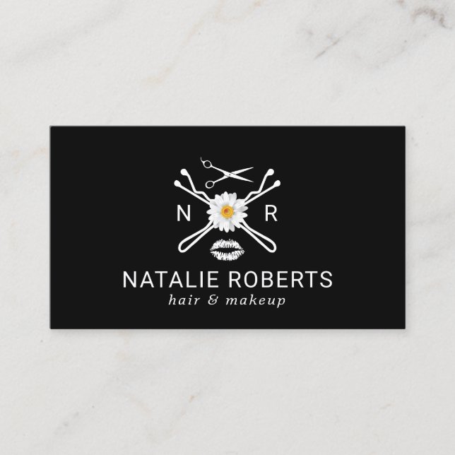 Floral Hair Bobby Pins Logo Beauty Salon Black Business Card (Front)