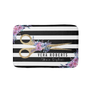Floral Hair Stylist Glitter Scissor Beauty striped Bath Mat