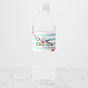 Floral Hair Stylist Gold Scissor Striped Water Bottle Label