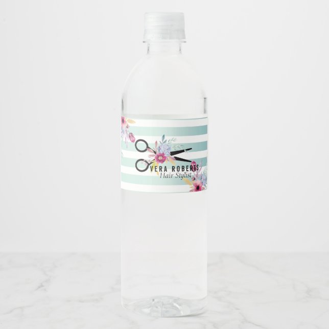 Floral Hair Stylist Gold Scissor Striped Water Bottle Label (Front)