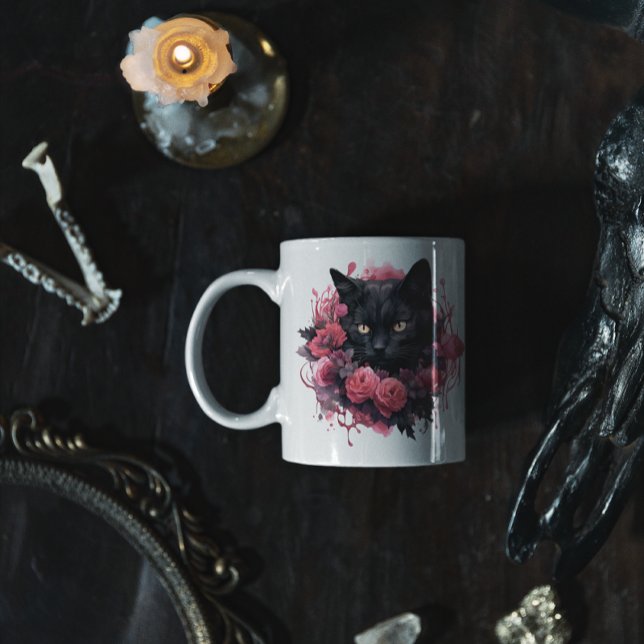 Floral Halloween Black Cat Coffee Mug (HALLOWEEN PINK BLACK CAT MUG)