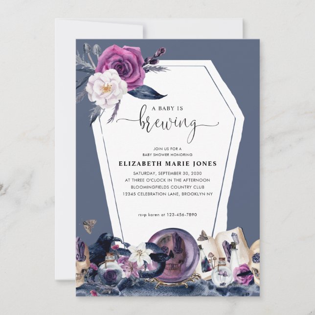 Floral Halloween Coffin Baby is Brewing Shower Invitation (Front)