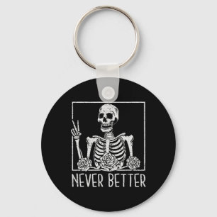 Floral Halloween Skeleton Drinking Coffee Never Be Keychain