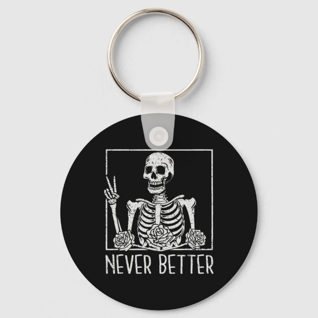 Floral Halloween Skeleton Drinking Coffee Never Be Keychain (Front)