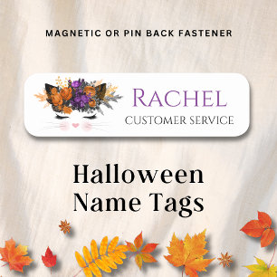 Floral Halloween Witch Kitty Cat Personalized Name Tag