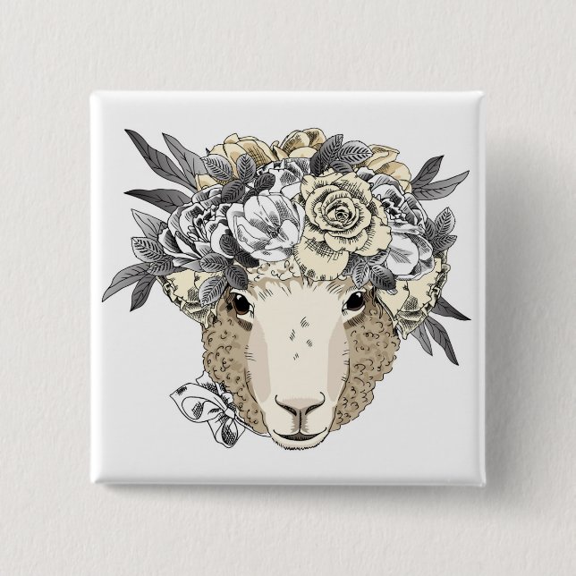 Floral Halo Sheep 2 Inch Square Button (Front)