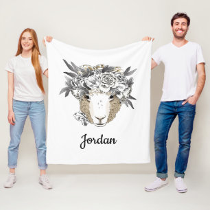 Floral Halo Sheep   Add Your Name Fleece Blanket